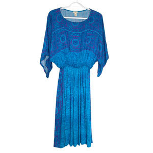Anthropologie Tiny Oversized Elastic Waist Blue Pink Medallion Midi Dress Small